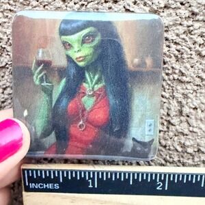 Handmade Reptilian Alien Woman with Wine and Cat Square Magnet 2 Inch Sci-Fi Art